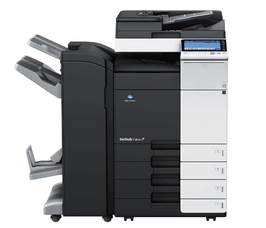 Side view of a multifunction office printer with trays and control panel display.