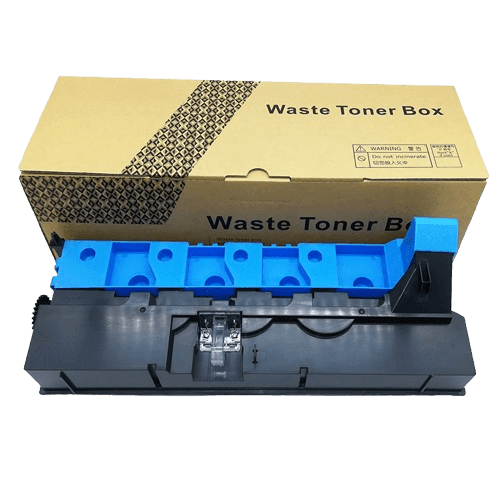 A waste toner box featuring a blue and black cartridge with its original packaging in the background.