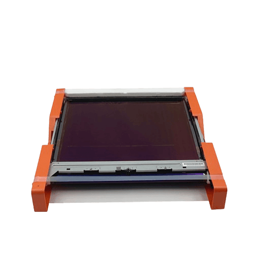 Rectangular electronic device with a dark screen and orange corner brackets.