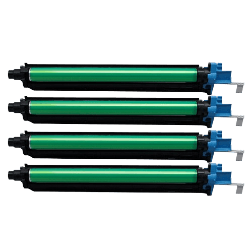 Four green and black printer toner cartridges with blue handles arranged in a horizontal stack.