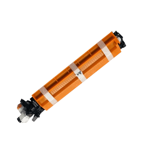 Orange industrial roller with black end mounts isolated on a light grey background.