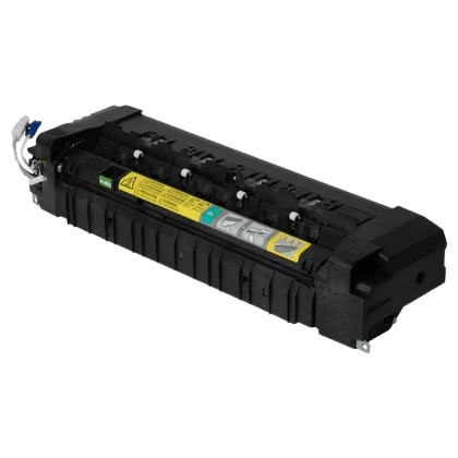 Black printer fuser unit with yellow caution labels and various connectors and components visible.