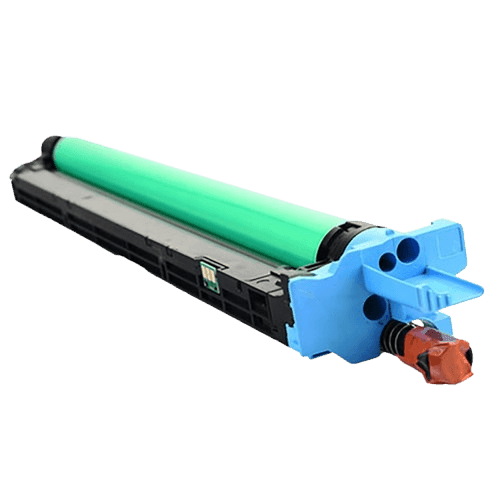 Cyan printer toner cartridge with green drum component on a transparent background.