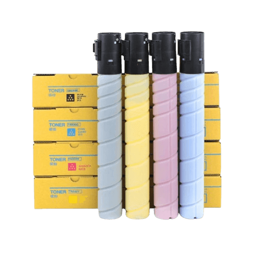 Four toner cartridges in different colors standing in front of a stack of yellow toner boxes.