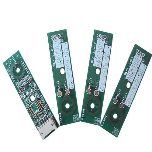 Four green printed circuit boards with various electronic components, displayed side by side on a gray background.