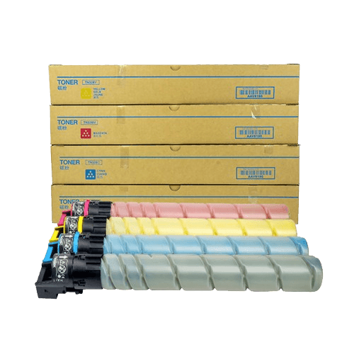 Stack of toner cartridge boxes and four colored toner cartridges arranged in front.