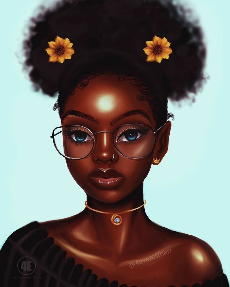 Digital illustration of a woman with glasses, natural hair, and sunflower hair accessories, wearing jewelry.