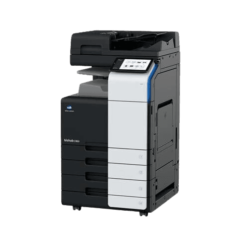 Black and white multifunction office printer with several trays and a digital display.