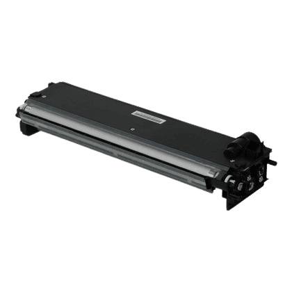 Black laser printer toner cartridge with a silver roller and various connectors.