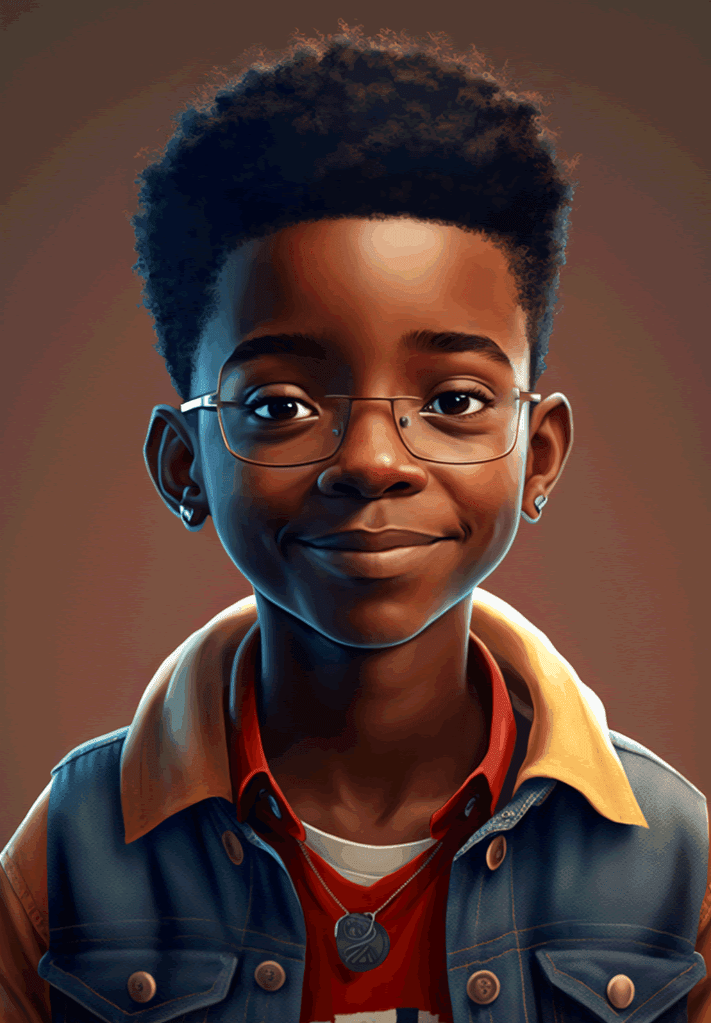 Illustration of a smiling boy with glasses and detailed attire.