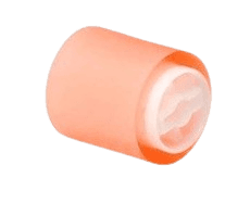 Orange silicone ice cube mold with a circular shape and a white inner lining.